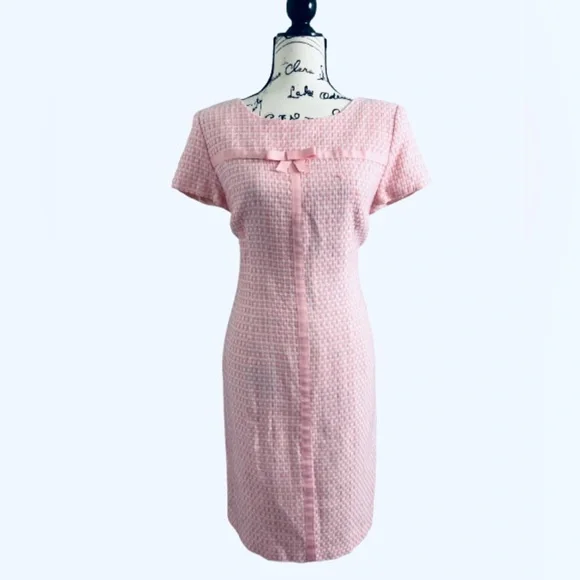 Vintage White & Pink Sheath Midi Dress plaid Tweed Cap Sleeves Size Large - Picture 3 of 13